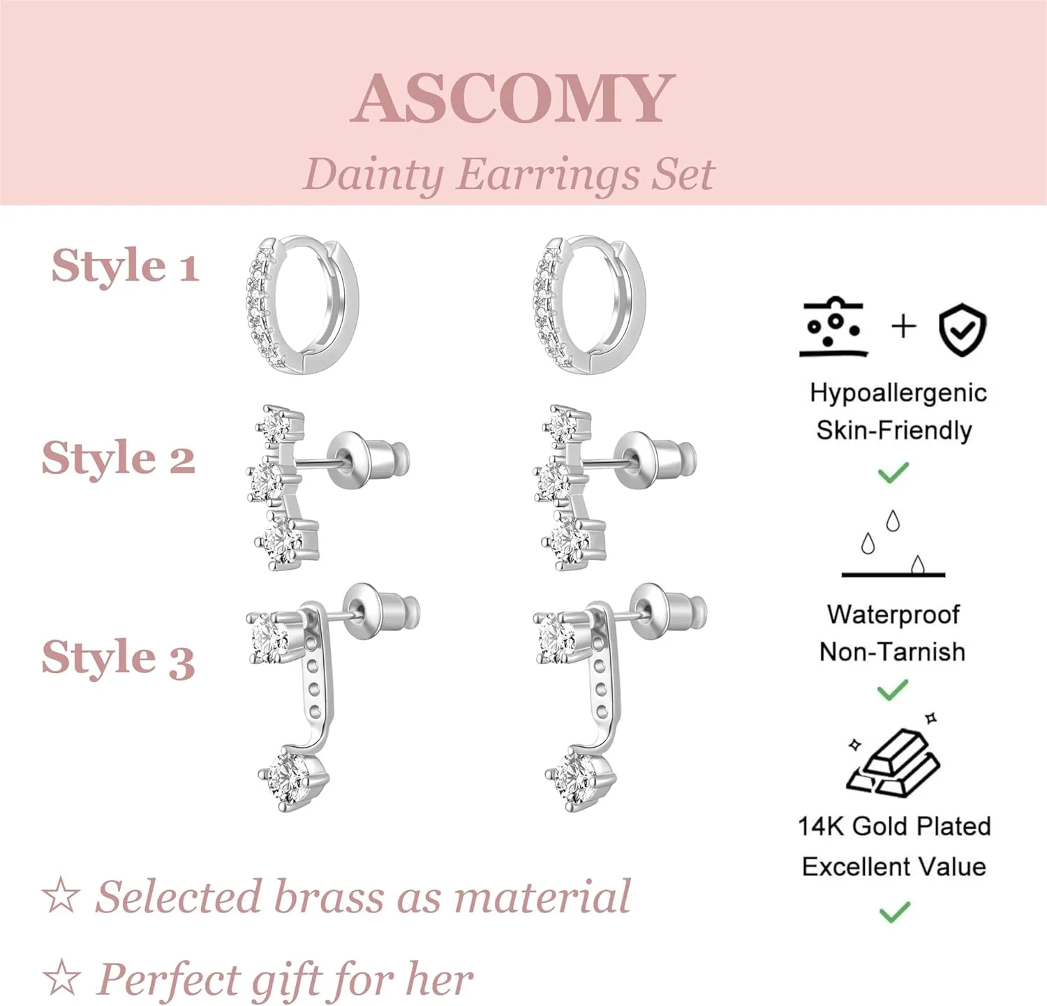 ASCOMY Gold Hoop Earrings Set for Women - 14K Gold/White Gold Plated Huggie Hoops, Cubic Zirconia Studs, Chunky Open Hoops - CZ Jewelry Gifts