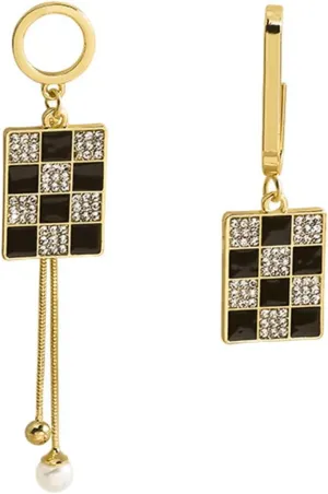 Asymmetric Checkerboard Geometric Tassel Earrings for Women Gold Plated Dainty Temperament Mismatch Black White Square Grid Checker Chic Crystal Cubic Zirconia Dangle Drop Earrings for 70s 80s Jewelry Gifts