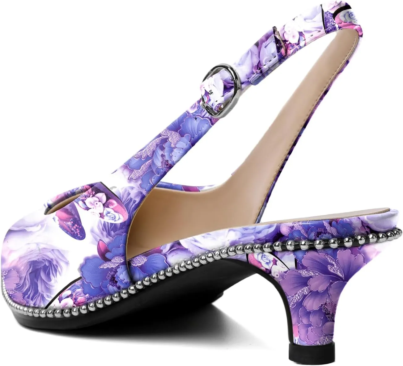 AUMOTED Women's Slingback Kitten Heels Pointed Toe Stiletto Low Heel Ankle-Strap with Beaded Pumps Dress Shoes 1.6 Inches