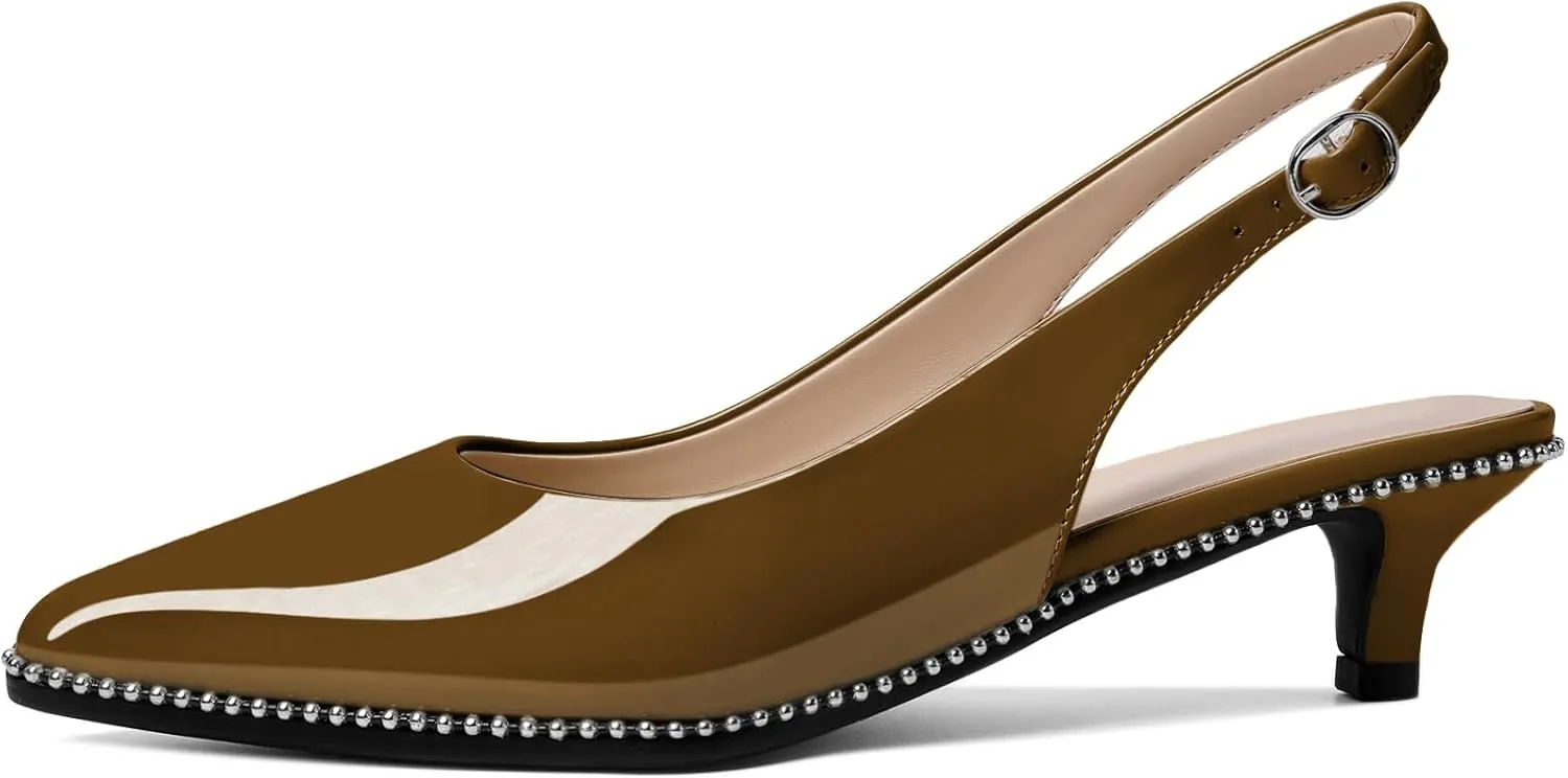 AUMOTED Women's Slingback Kitten Heels Pointed Toe Stiletto Low Heel Ankle-Strap with Beaded Pumps Dress Shoes 1.6 Inches