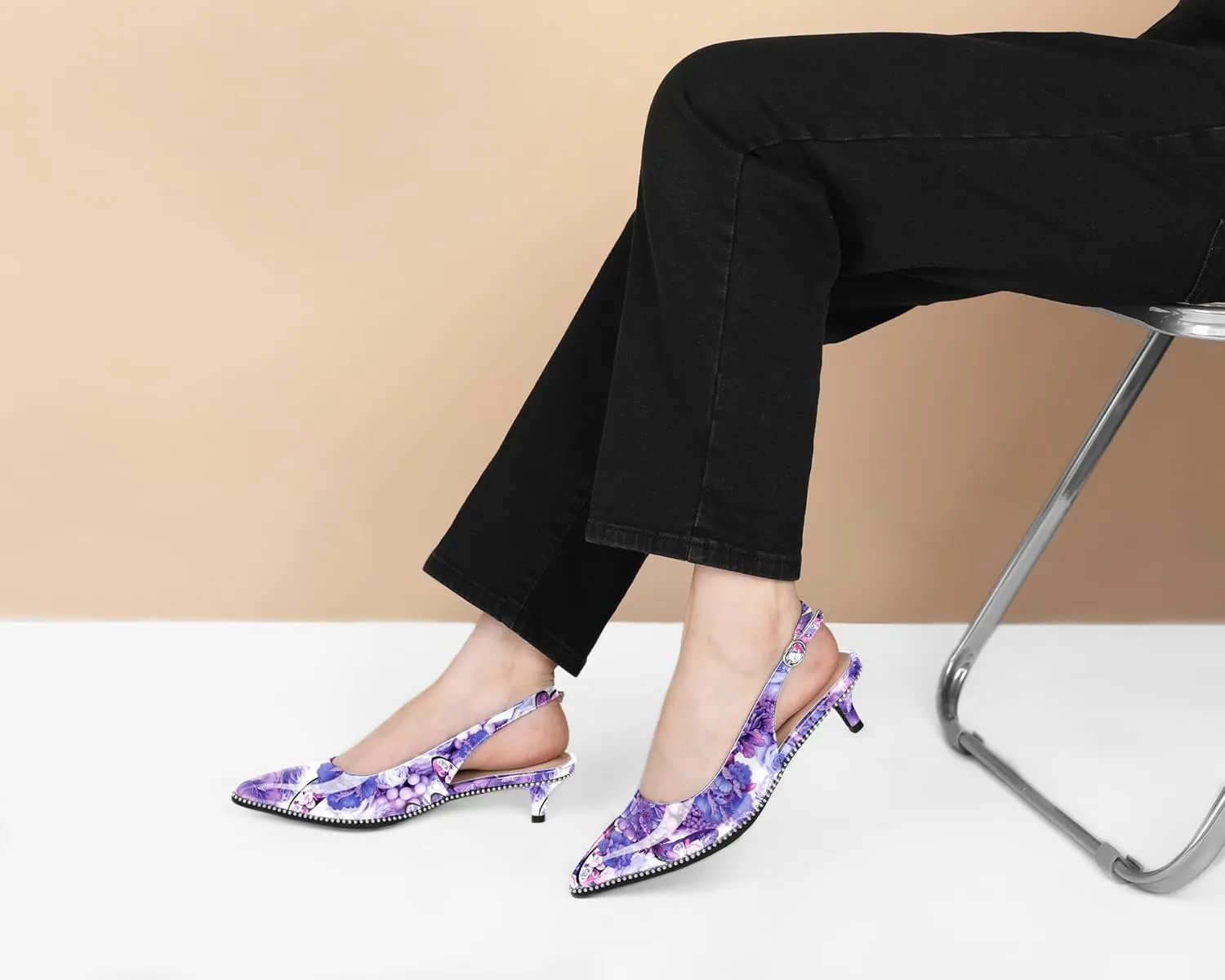 AUMOTED Women's Slingback Kitten Heels Pointed Toe Stiletto Low Heel Ankle-Strap with Beaded Pumps Dress Shoes 1.6 Inches