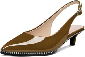 AUMOTED Women's Slingback Kitten Heels Pointed Toe Stiletto Low Heel Ankle-Strap with Beaded Pumps Dress Shoes 1.6 Inches