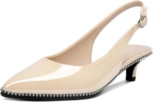 AUMOTED Women's Slingback Kitten Heels Pointed Toe Stiletto Low Heel Ankle-Strap with Beaded Pumps Dress Shoes 1.6 Inches