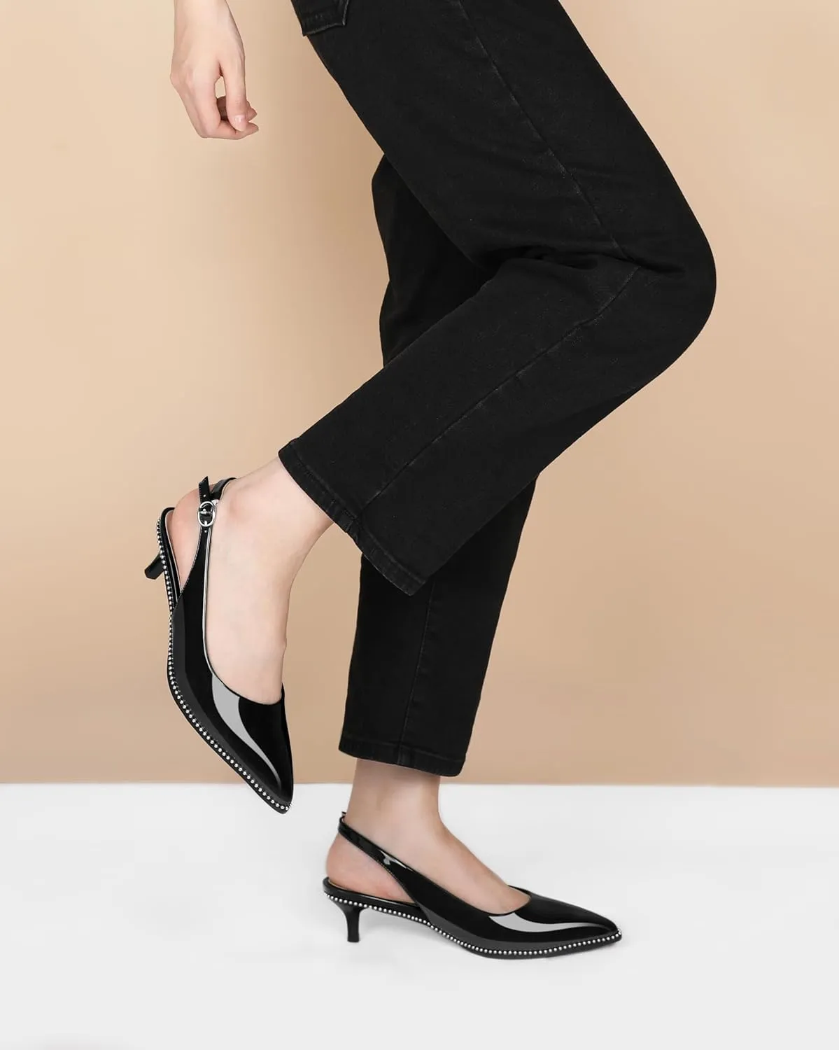 AUMOTED Women's Slingback Kitten Heels Pointed Toe Stiletto Low Heel Ankle-Strap with Beaded Pumps Dress Shoes 1.6 Inches