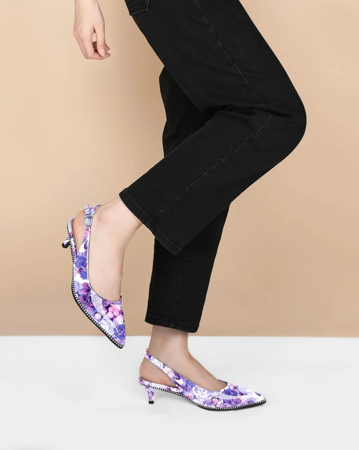 AUMOTED Women's Slingback Kitten Heels Pointed Toe Stiletto Low Heel Ankle-Strap with Beaded Pumps Dress Shoes 1.6 Inches