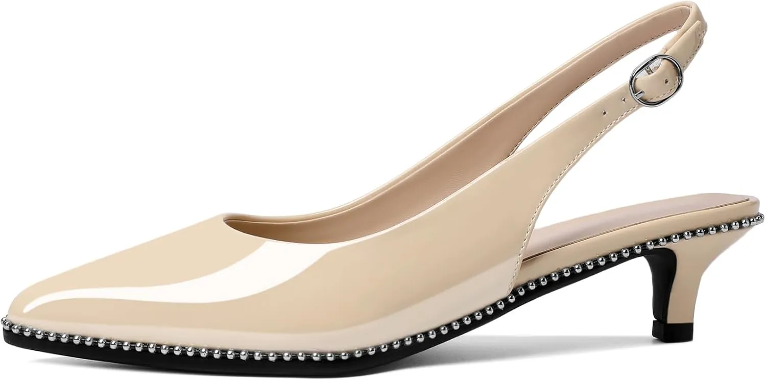 AUMOTED Women's Slingback Kitten Heels Pointed Toe Stiletto Low Heel Ankle-Strap with Beaded Pumps Dress Shoes 1.6 Inches