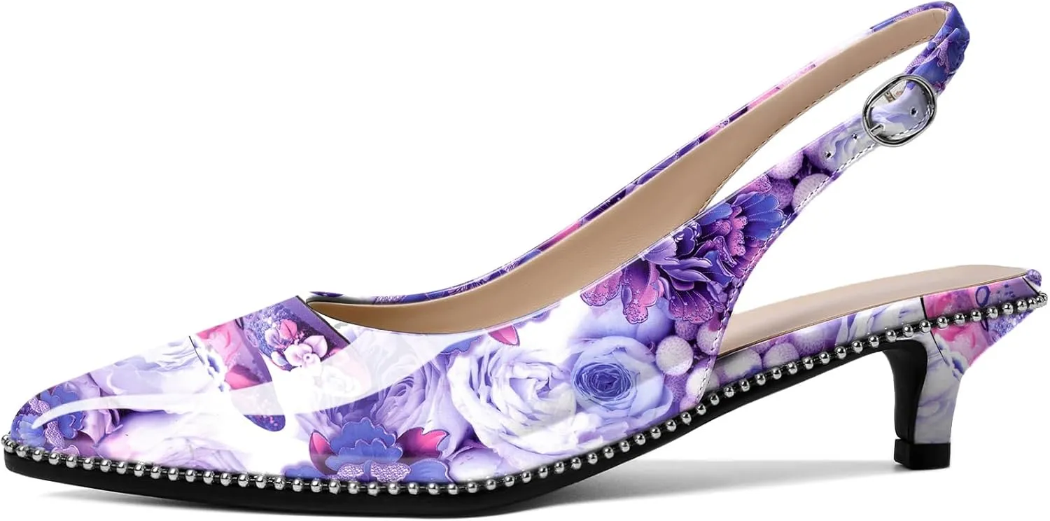 AUMOTED Women's Slingback Kitten Heels Pointed Toe Stiletto Low Heel Ankle-Strap with Beaded Pumps Dress Shoes 1.6 Inches