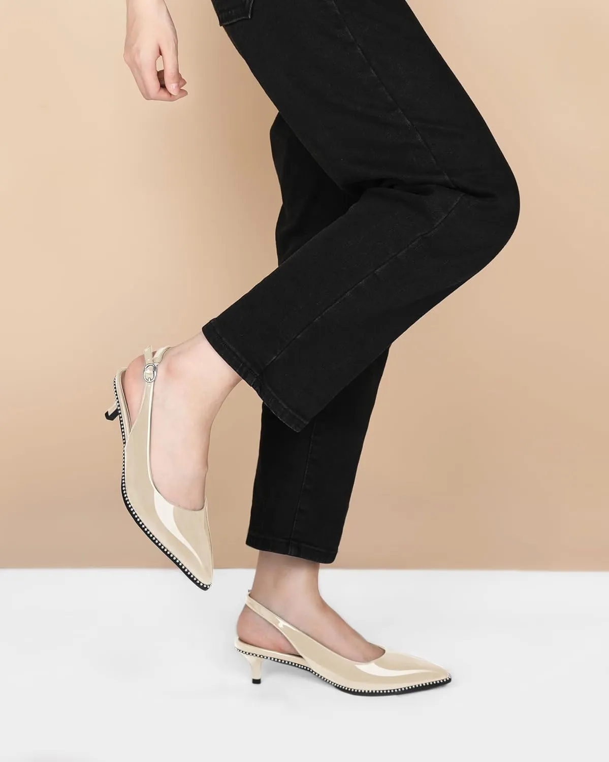 AUMOTED Women's Slingback Kitten Heels Pointed Toe Stiletto Low Heel Ankle-Strap with Beaded Pumps Dress Shoes 1.6 Inches