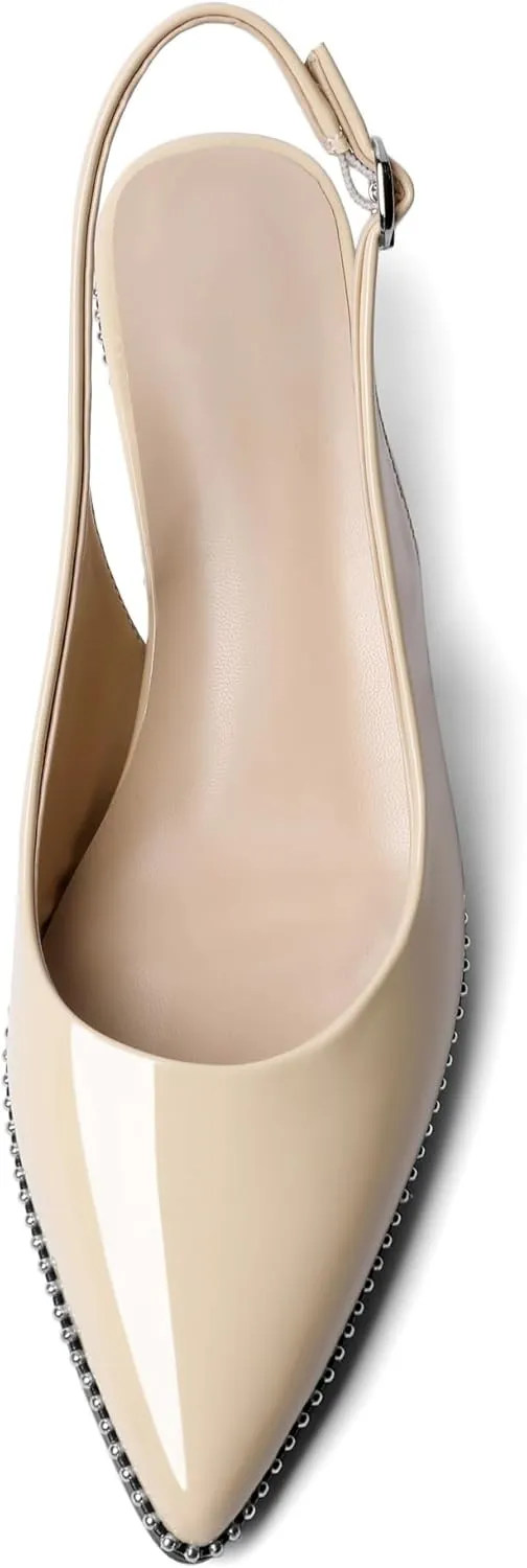 AUMOTED Women's Slingback Kitten Heels Pointed Toe Stiletto Low Heel Ankle-Strap with Beaded Pumps Dress Shoes 1.6 Inches