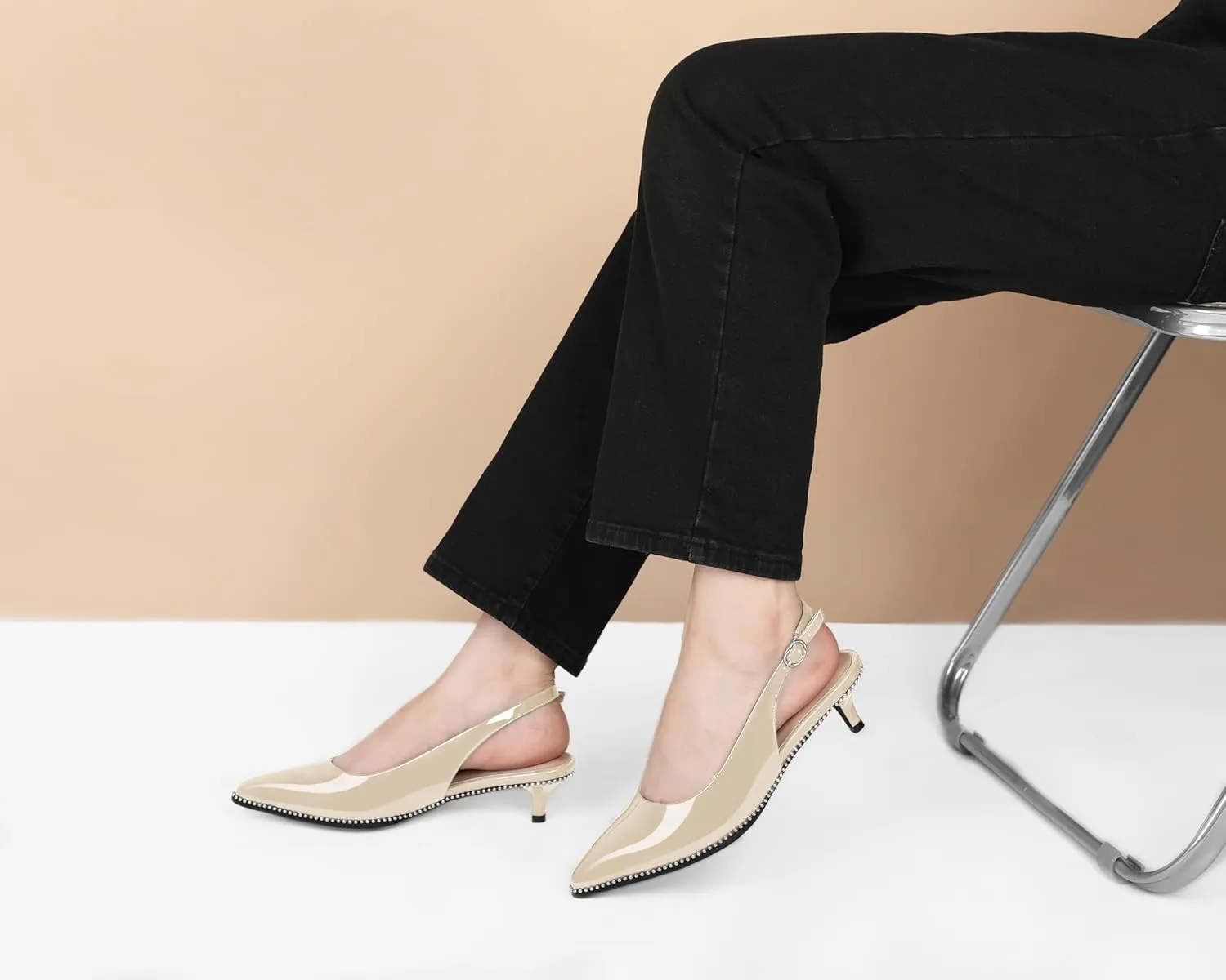 AUMOTED Women's Slingback Kitten Heels Pointed Toe Stiletto Low Heel Ankle-Strap with Beaded Pumps Dress Shoes 1.6 Inches