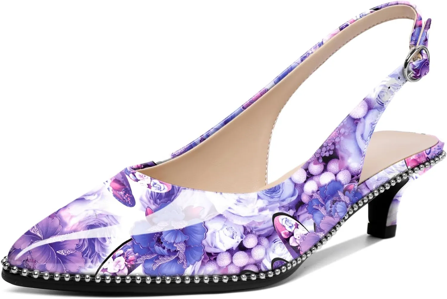 AUMOTED Women's Slingback Kitten Heels Pointed Toe Stiletto Low Heel Ankle-Strap with Beaded Pumps Dress Shoes 1.6 Inches