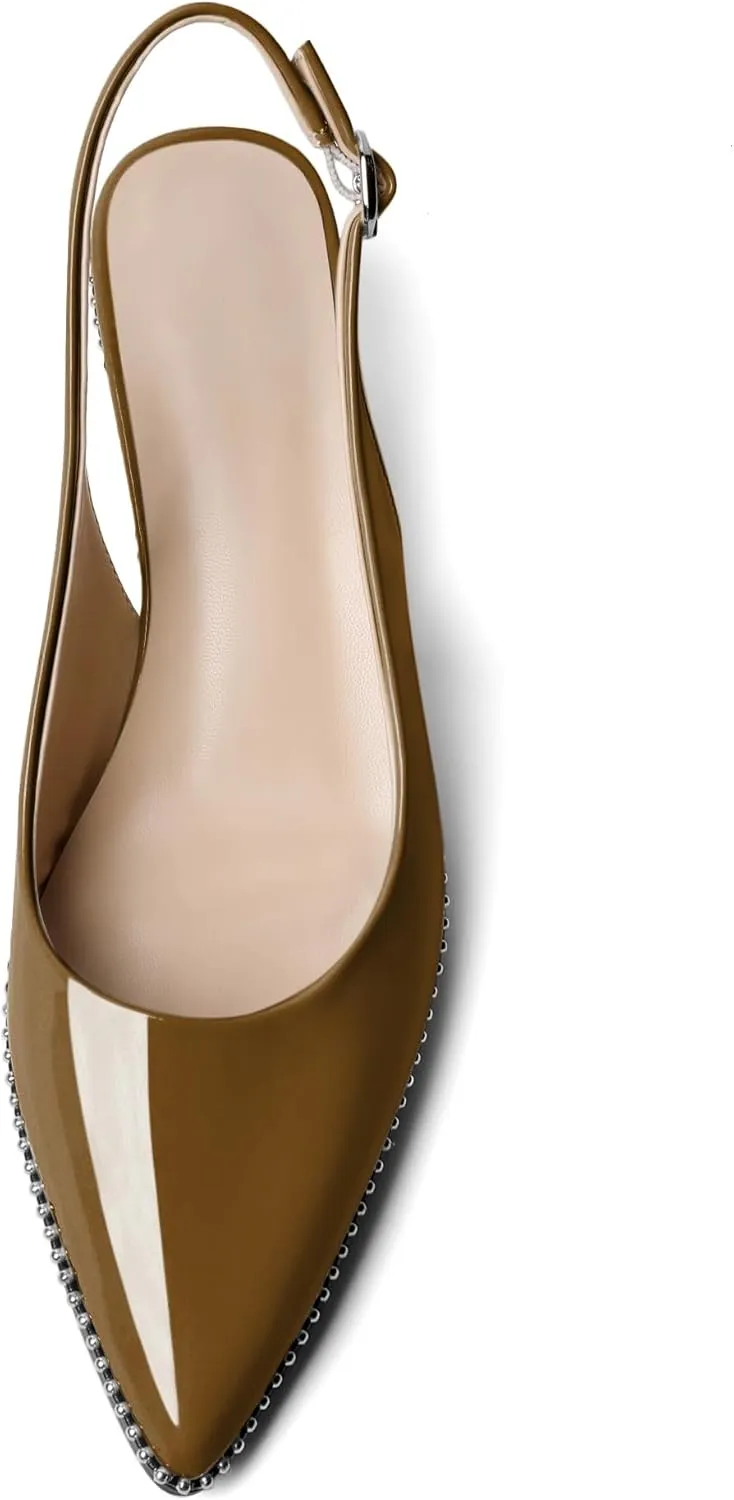 AUMOTED Women's Slingback Kitten Heels Pointed Toe Stiletto Low Heel Ankle-Strap with Beaded Pumps Dress Shoes 1.6 Inches