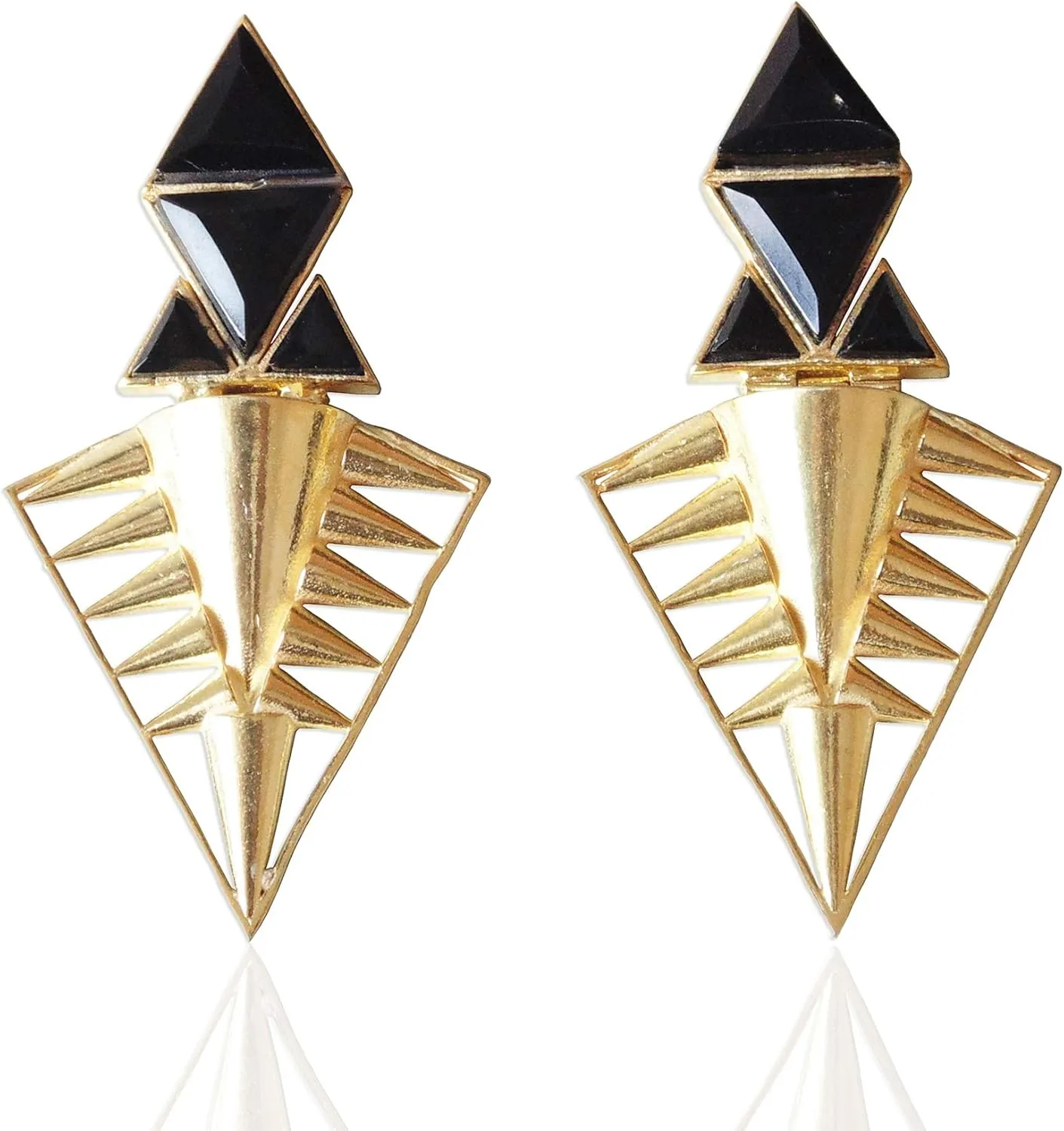 Beautiful 22K Gold Plated Bezel Set Black Onyx Gemstone Post Dangle Earrings