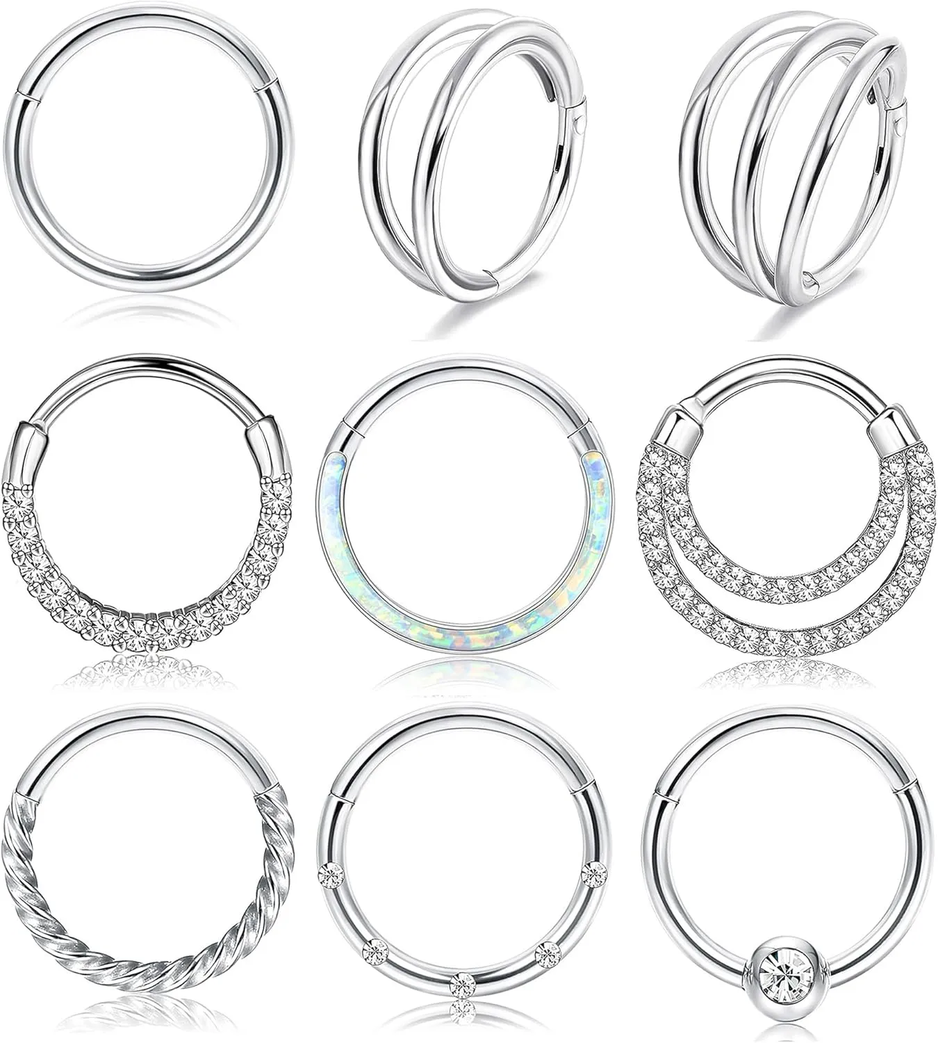 Besteel 9 Pcs Hypoallergenic Septum Rings 16G Surgical Steel CZ Opal Clicker Hinged Nose Rings Hoop for Women Men Lip Conch Tragus Helix Daith Cartilage Earrings 8mm 10mm
