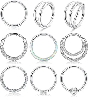 Besteel 9 Pcs Hypoallergenic Septum Rings 16G Surgical Steel CZ Opal Clicker Hinged Nose Rings Hoop for Women Men Lip Conch Tragus Helix Daith Cartilage Earrings 8mm 10mm