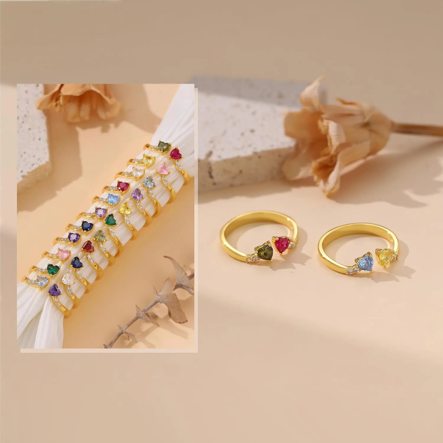 Birthstone Rings for Women Teen Girl Gifts Stacking Gold Rings Non Tarnish 2 Love Heart Birthstone Promise Wedding Mothers Day Anniversary Birthday Gift Jewelry