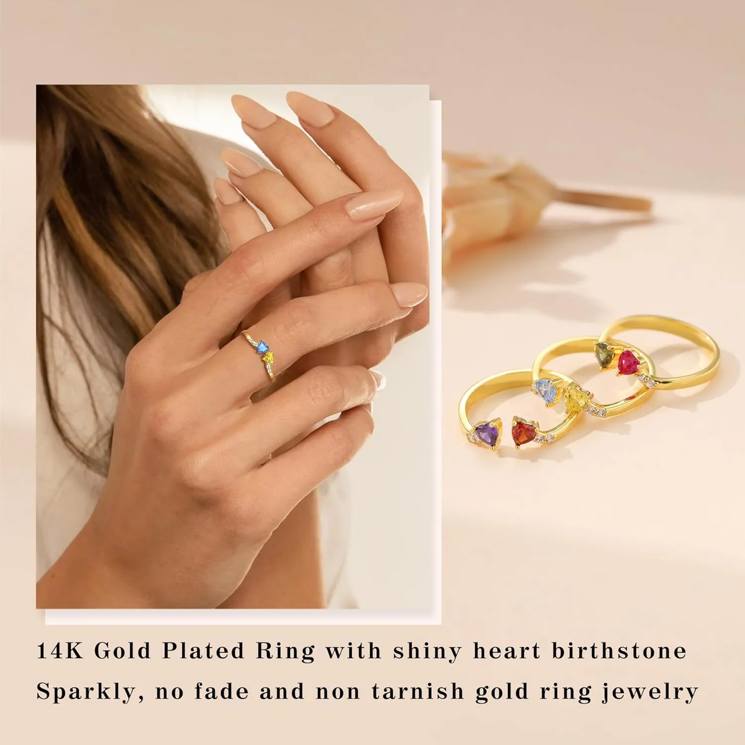Birthstone Rings for Women Teen Girl Gifts Stacking Gold Rings Non Tarnish 2 Love Heart Birthstone Promise Wedding Mothers Day Anniversary Birthday Gift Jewelry