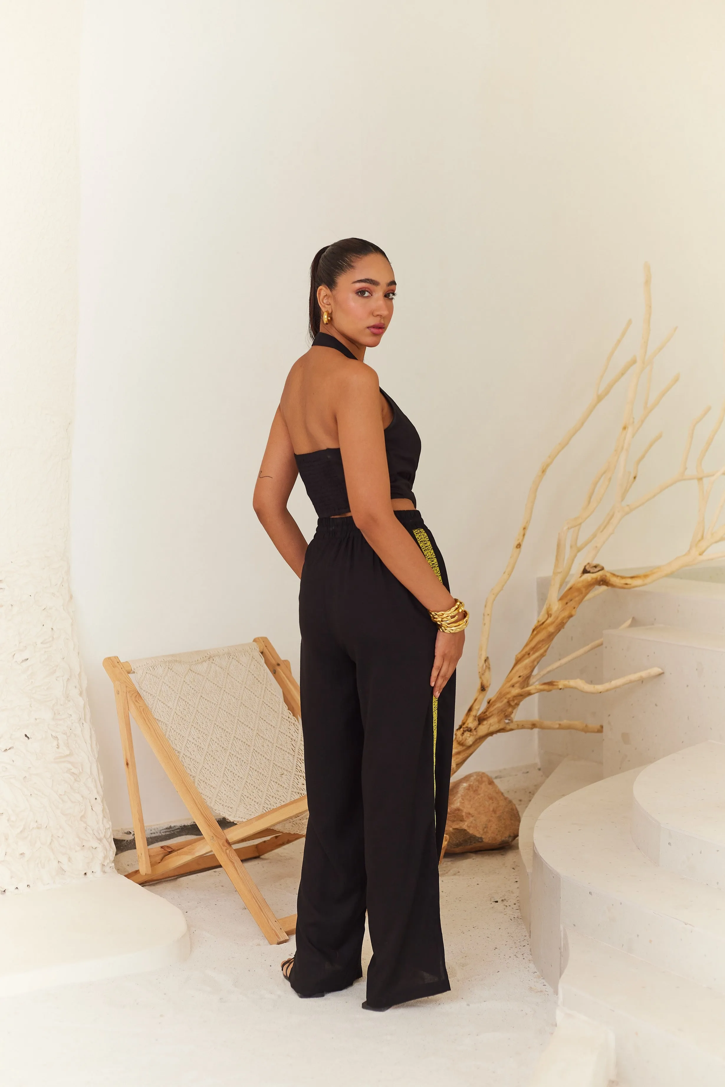 Black Linen Pants with Contrast Tape Detail