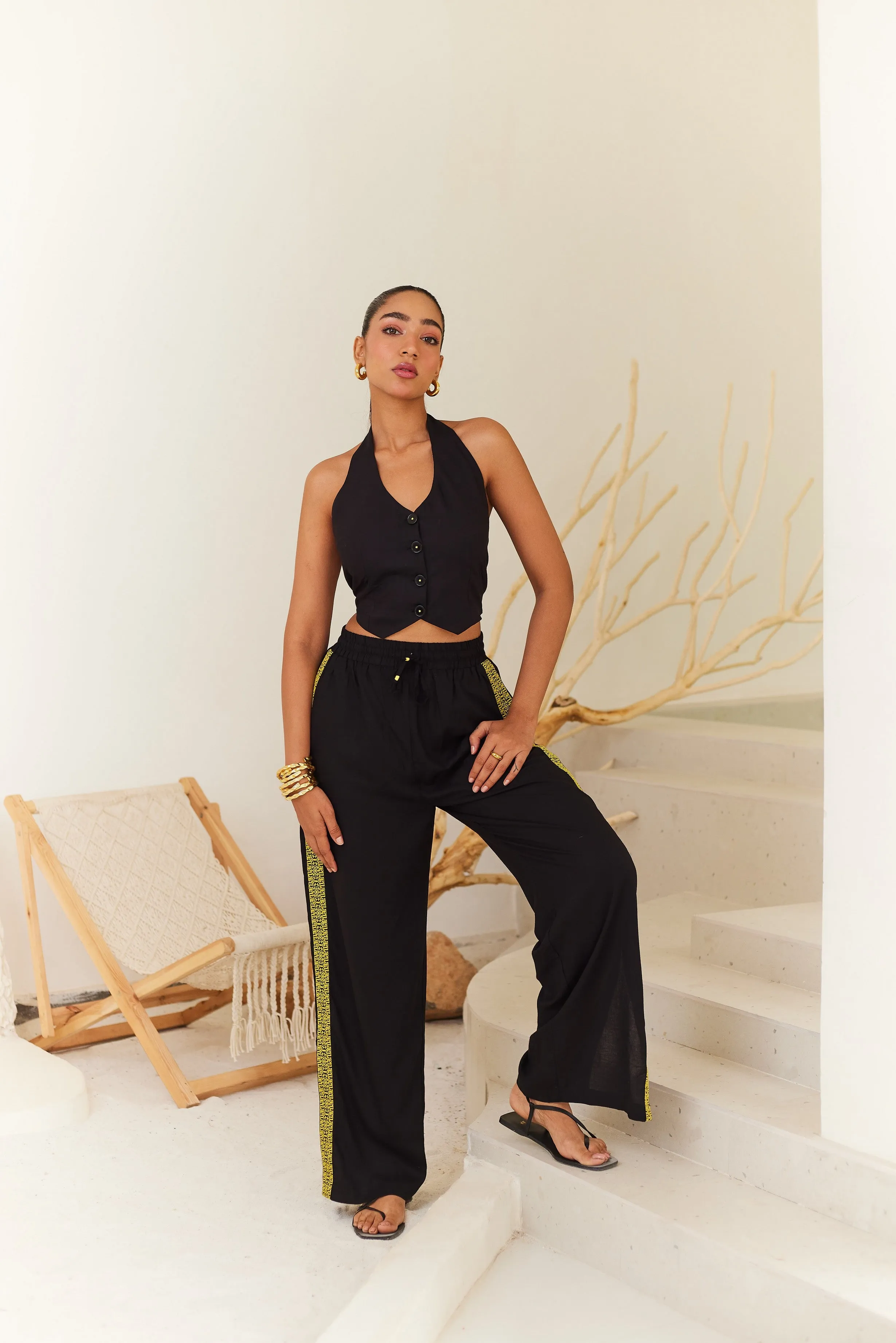 Black Linen Pants with Contrast Tape Detail