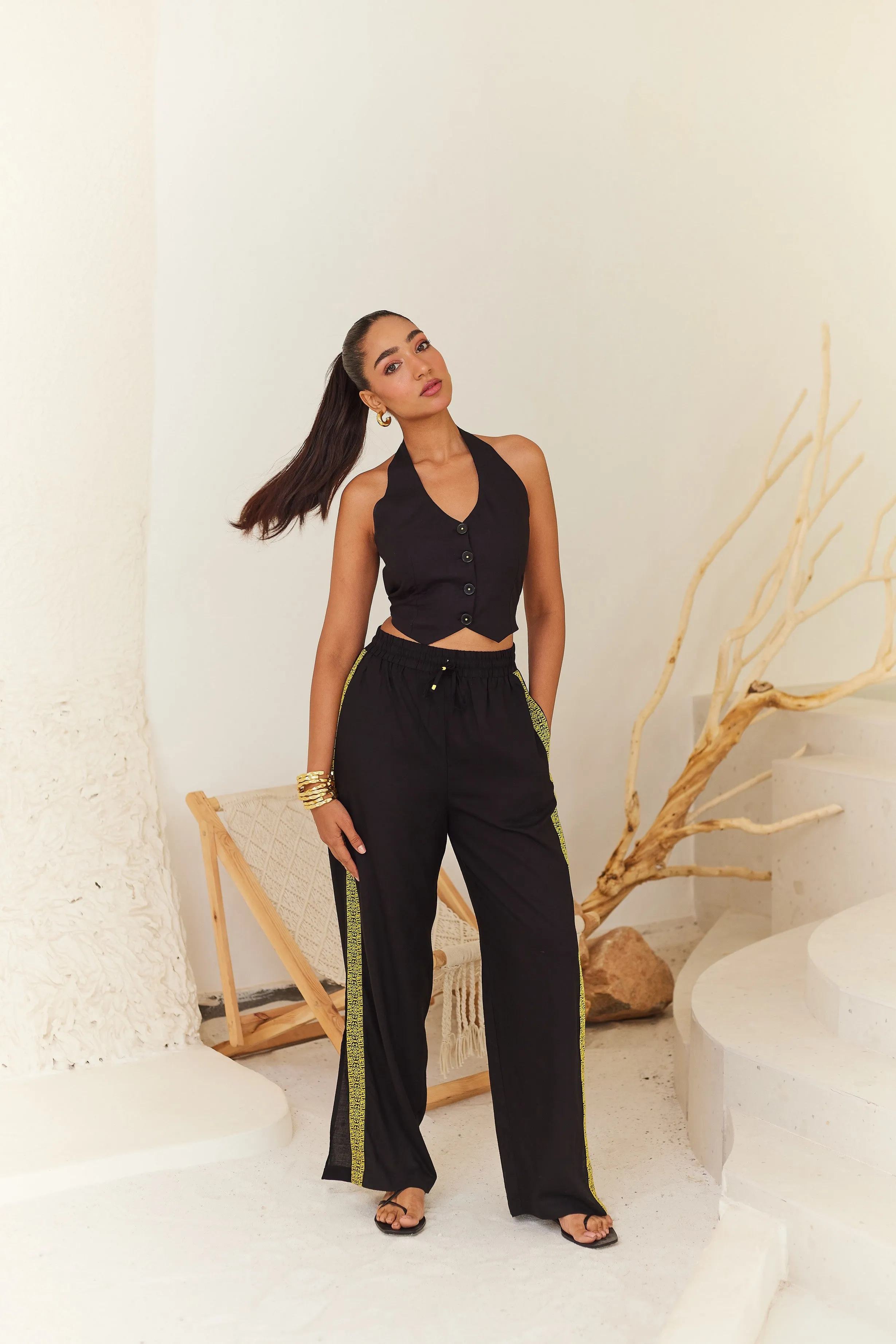Black Linen Pants with Contrast Tape Detail