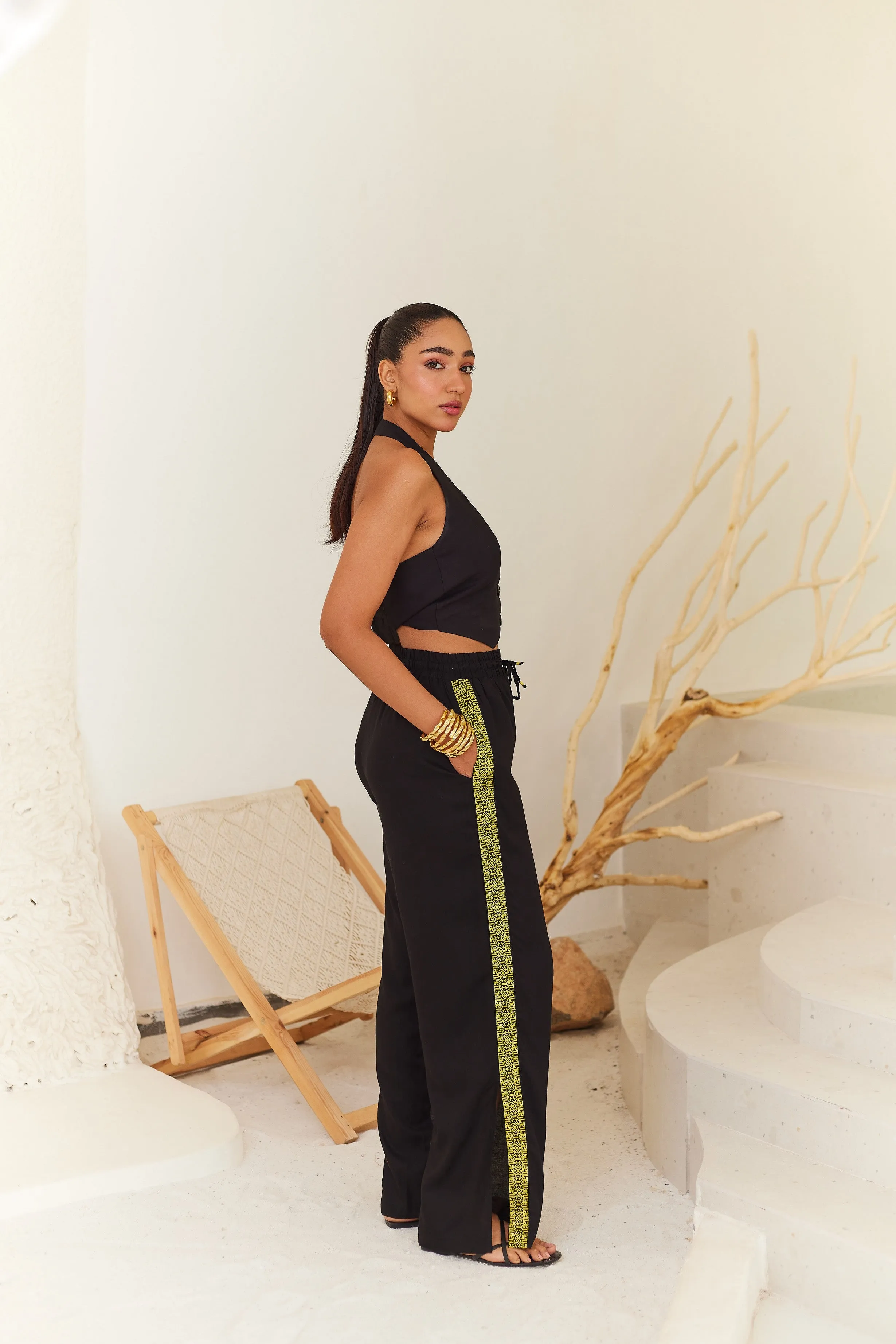 Black Linen Pants with Contrast Tape Detail