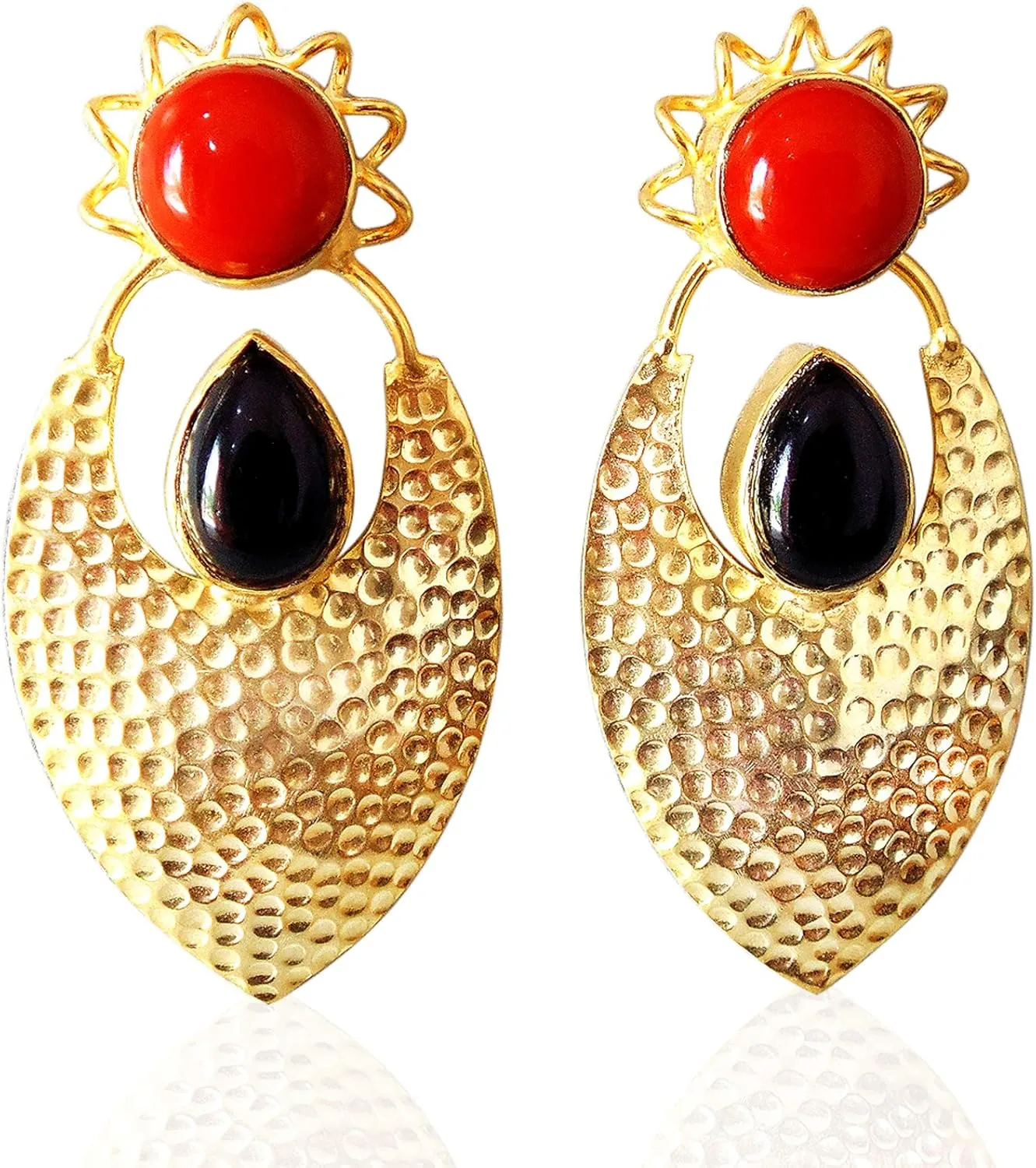 Black Onyx And Red Coral Dangle Earrings, Hand Hammered Brass Earrings, Gold Plated Fashion Jewelry
