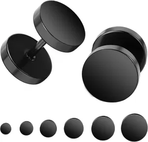 Black Stud Earrings for Men Women Fake Gauges Ear Tunnel Faux Plugs Mens Earrings Surgical Steel Earrings 6 Pairs 5mm-10mm