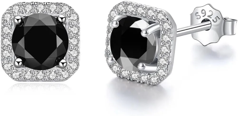Black Stud Earrings for women 18K White Gold Plated 925 Sterling Silver Cubic Zirconia Stud Earrings Hypoallergenic Simulated Diamond Stud Earrings for Women/Men