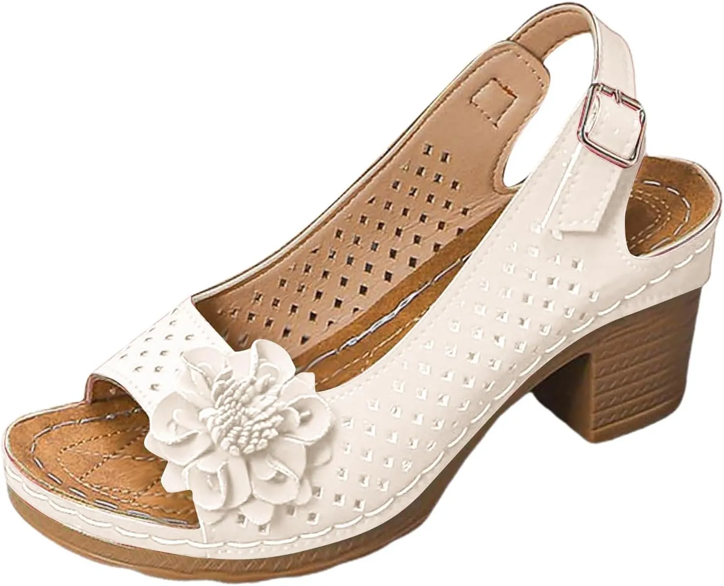 Block Heel Sandals for Women 2025 Summer Dressy Open Toe Ankle Buckle Strap Chunky Heeled Shoe Non Slip Casual Hollow Out Floral Decor Sandal Platform Wedge Vacation Party Wedding Shoes