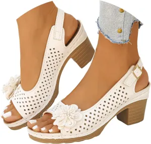 Block Heel Sandals for Women 2025 Summer Dressy Open Toe Ankle Buckle Strap Chunky Heeled Shoe Non Slip Casual Hollow Out Floral Decor Sandal Platform Wedge Vacation Party Wedding Shoes