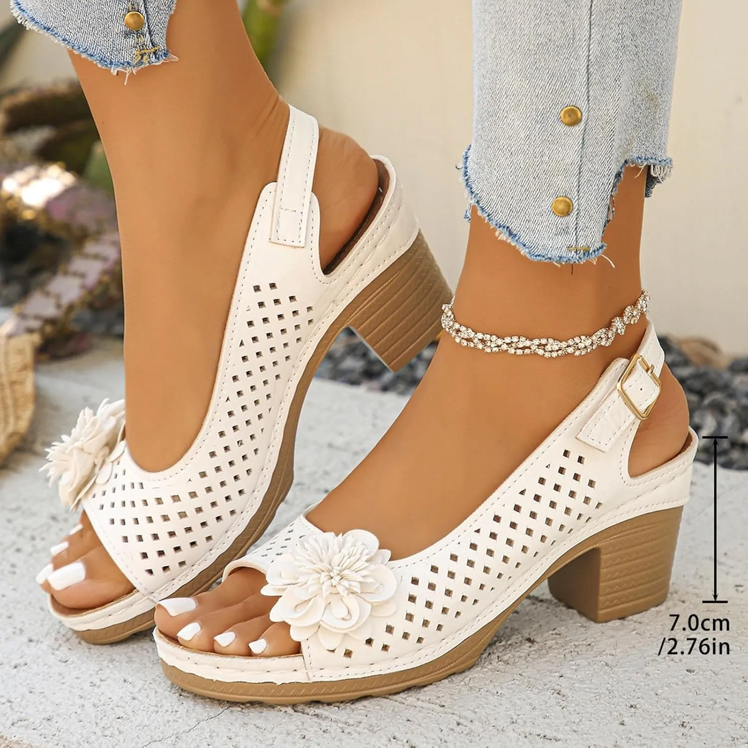 Block Heel Sandals for Women 2025 Summer Dressy Open Toe Ankle Buckle Strap Chunky Heeled Shoe Non Slip Casual Hollow Out Floral Decor Sandal Platform Wedge Vacation Party Wedding Shoes