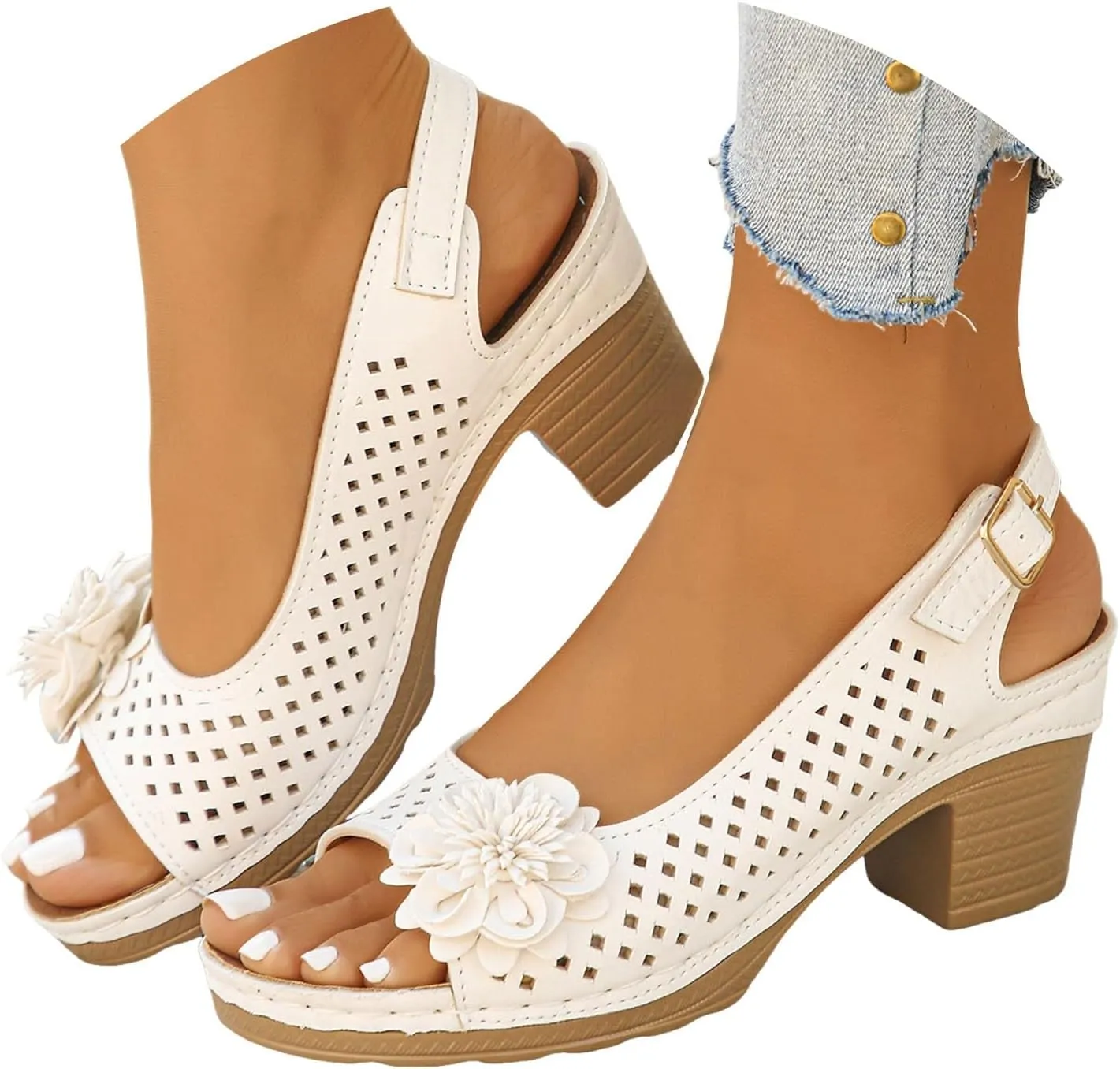 Block Heel Sandals for Women 2025 Summer Dressy Open Toe Ankle Buckle Strap Chunky Heeled Shoe Non Slip Casual Hollow Out Floral Decor Sandal Platform Wedge Vacation Party Wedding Shoes