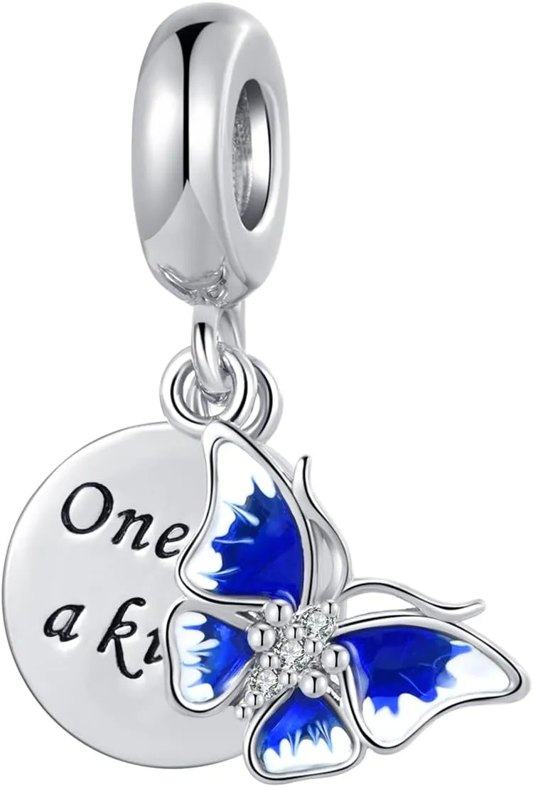 Blue Butterfly Pink Butterflies Charm fits Pandora Charm Bracelet One of a Kind Engraved Pendant Unique Jewelry for Anniversary Birthday
