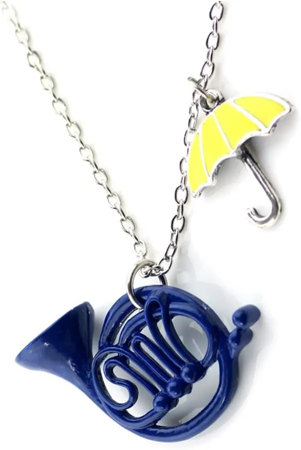 Blue French Horn Yellow Umbrella Pendant Charm Chain Necklace - Metal