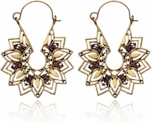Boho Antique Carved Flower Dangle Drop Earrings for Women Vintage Retro Handmade Hollowed Antiqued Bronze Floral Shaped Geometric Gold Silver Plated Hoop Earrings for Ethnic Style Jewelry Gifts