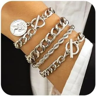 Boho Fashion Dainty Boho Gold Silver Chain Stackable Bracelets Set for Women Adjustable Beaded Coin Chunky Flat Cable Chain Punk Bracelets Jewelry for Women Gift Set of 4