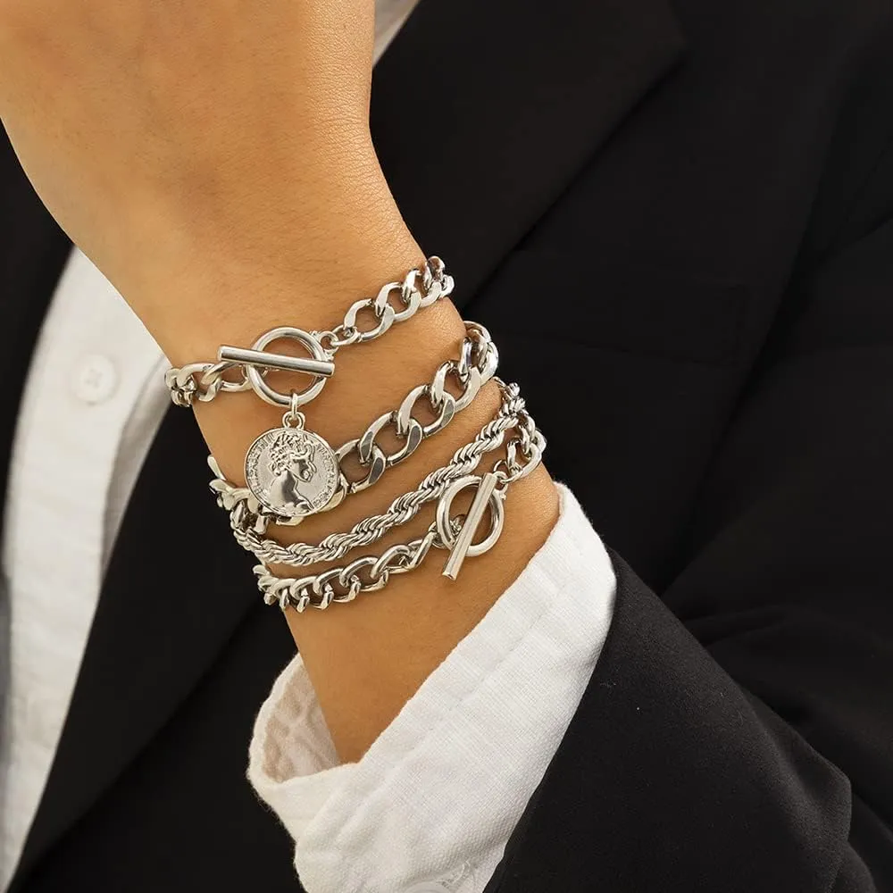 Boho Fashion Dainty Boho Gold Silver Chain Stackable Bracelets Set for Women Adjustable Beaded Coin Chunky Flat Cable Chain Punk Bracelets Jewelry for Women Gift Set of 4