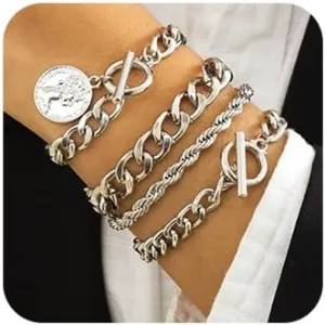 Boho Fashion Dainty Boho Gold Silver Chain Stackable Bracelets Set for Women Adjustable Beaded Coin Chunky Flat Cable Chain Punk Bracelets Jewelry for Women Gift Set of 4