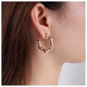 Boho Gold Bamboo Hoop Earrings Bamboo Circle Earrings Chunky Circle Huggie Earrings C Shape Stud Earrings Metal Statement Earrings for Women and Girls