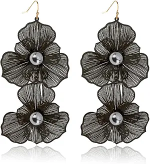 Boho Large Double Flower Earring for Women Handmade Matte Flower Earrings Bohemian Statement Earring Exaggerated Vintage Layered Floral Petal Drop Earrings Boho Summer Beach Jewelry