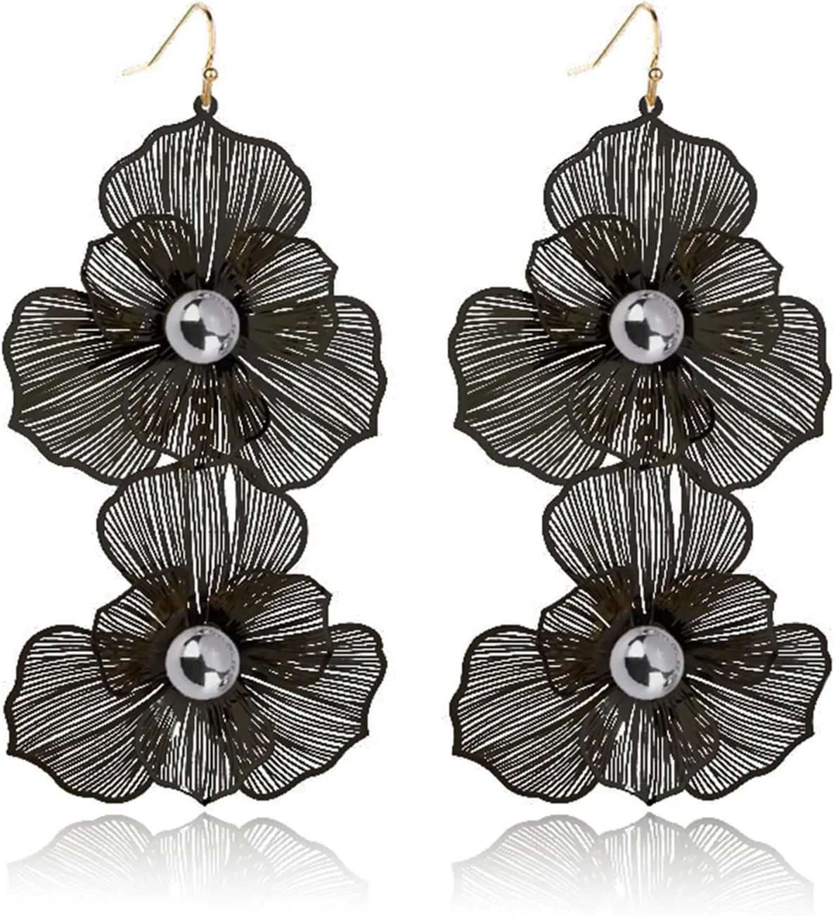 Boho Large Double Flower Earring for Women Handmade Matte Flower Earrings Bohemian Statement Earring Exaggerated Vintage Layered Floral Petal Drop Earrings Boho Summer Beach Jewelry