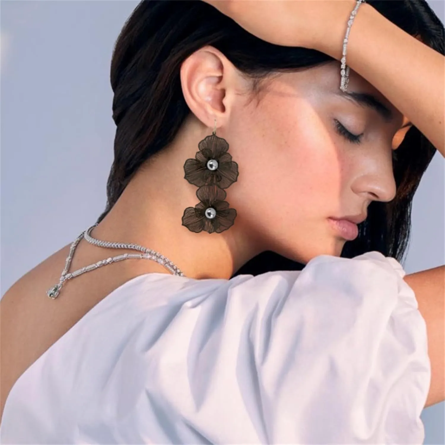 Boho Large Double Flower Earring for Women Handmade Matte Flower Earrings Bohemian Statement Earring Exaggerated Vintage Layered Floral Petal Drop Earrings Boho Summer Beach Jewelry