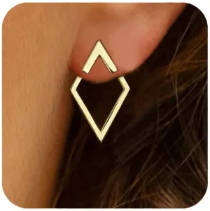 Boho Square Stud Earrings Jackets, Minimalist Geometric Stainless Steel Gold Ear Stud Earrings Front Back Earrings for Women
