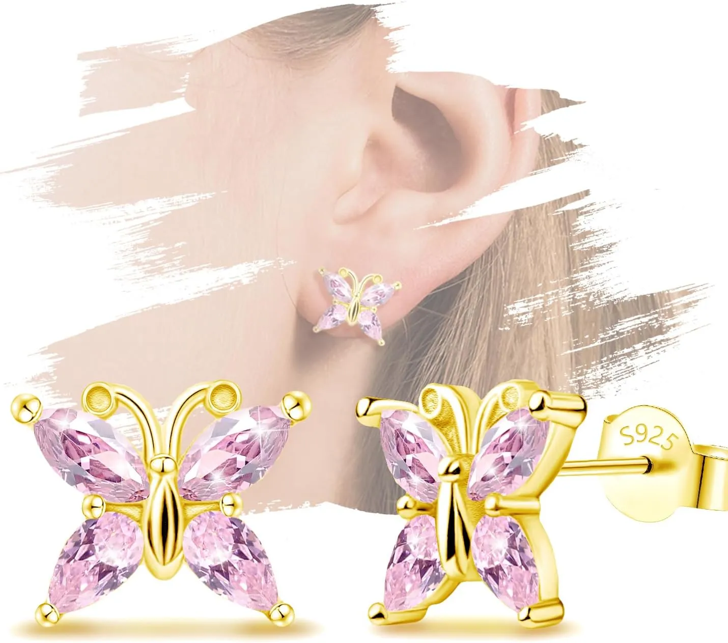 Butterfly Earrings for Girls Trendy - 14k White Gold Plated Hypoallergenic Earrings Gold dainty Earrings Silver Cartilage Earrings Birthstone Stud Earrings Post Gifts for Women Teens