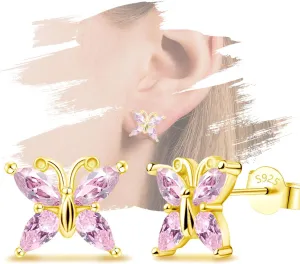 Butterfly Earrings for Girls Trendy - 14k White Gold Plated Hypoallergenic Earrings Gold dainty Earrings Silver Cartilage Earrings Birthstone Stud Earrings Post Gifts for Women Teens