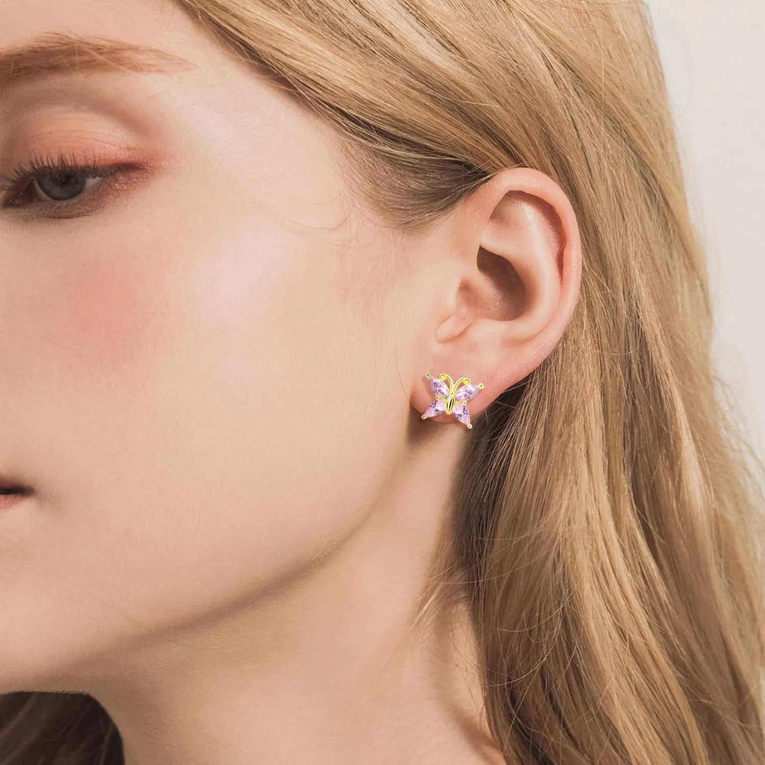 Butterfly Earrings for Girls Trendy - 14k White Gold Plated Hypoallergenic Earrings Gold dainty Earrings Silver Cartilage Earrings Birthstone Stud Earrings Post Gifts for Women Teens