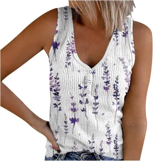 Camisole Women's V Neck Tank Tops Summer Sleeveless Ribbed Button Casual Henley Shirts Fashion Printing T Shirts
