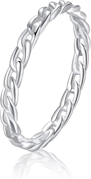 CANDYFANCY 2mm Thin Simple Cuban Chain Link Rings 925 Sterling Silver Filigree Cool Plain Minimalist Middle Finger Thumb Stacking Band Rings