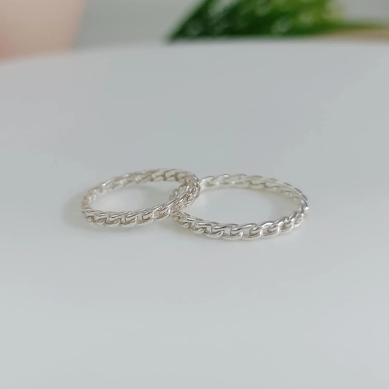CANDYFANCY 2mm Thin Simple Cuban Chain Link Rings 925 Sterling Silver Filigree Cool Plain Minimalist Middle Finger Thumb Stacking Band Rings