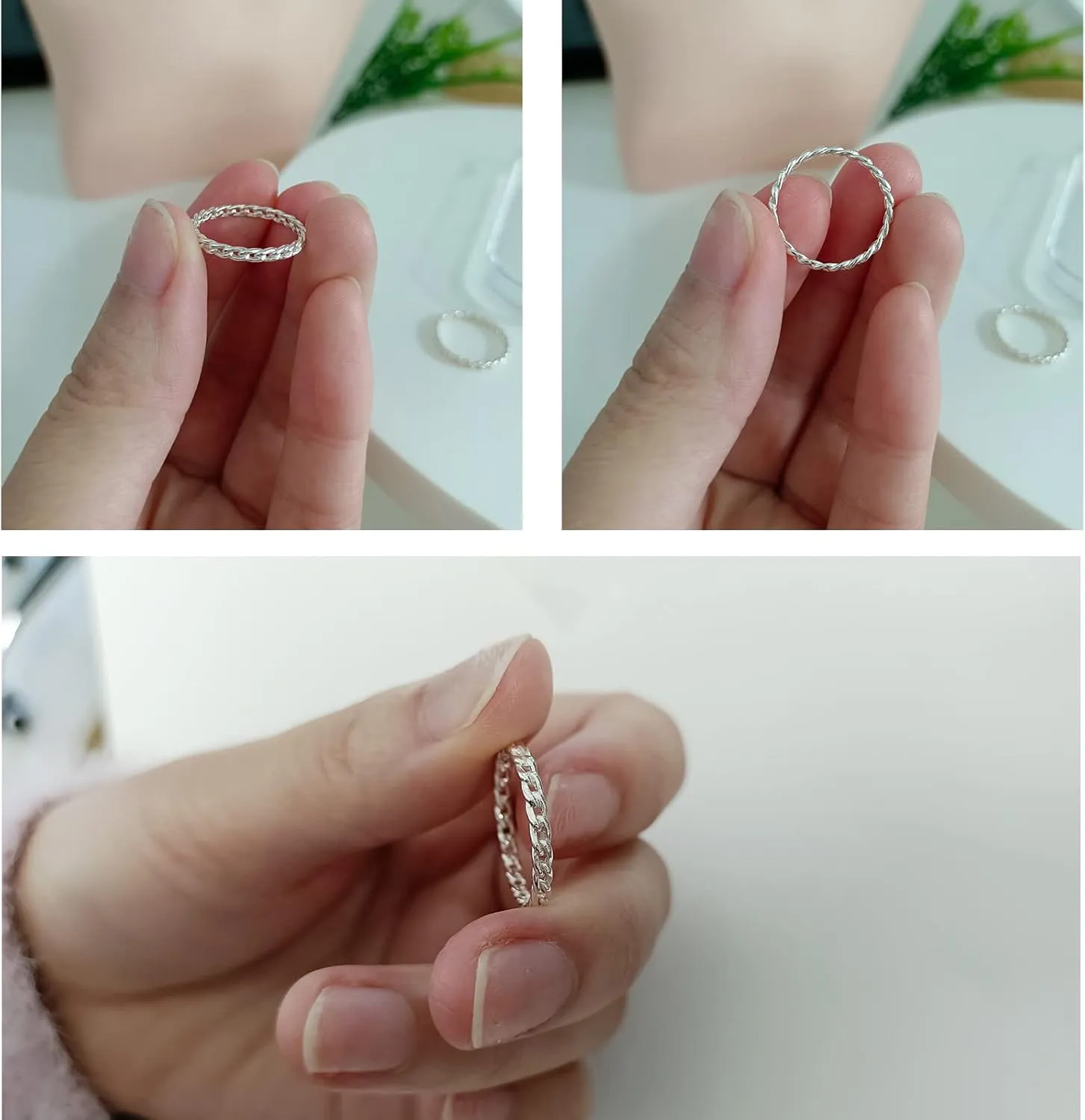 CANDYFANCY 2mm Thin Simple Cuban Chain Link Rings 925 Sterling Silver Filigree Cool Plain Minimalist Middle Finger Thumb Stacking Band Rings